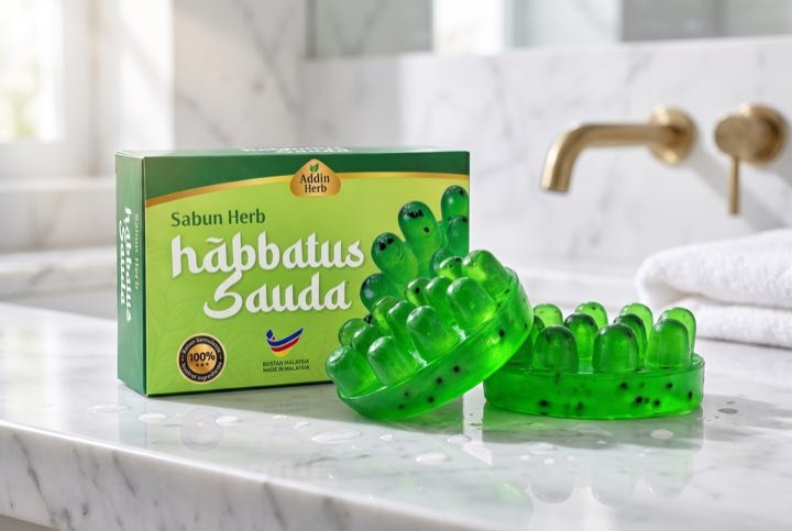Kotak dan dua ketul Sabun Herba Habbatus Sauda Ad-din Herbs 100g di kaunter bilik air