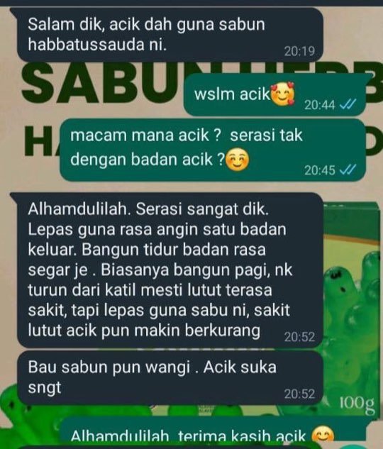 Screenshot WhatsApp pelanggan tentang Sabun Herba Habbatus Sauda