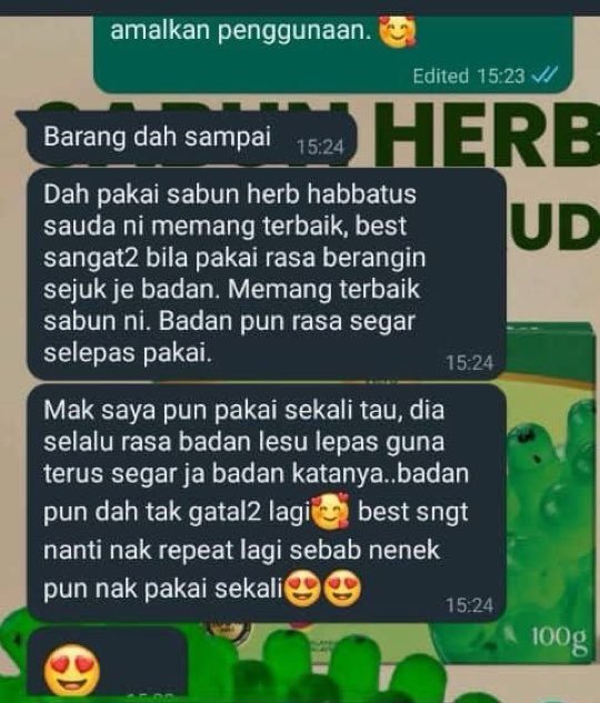 Screenshot WhatsApp pelanggan tentang Sabun Herba Habbatus Sauda
