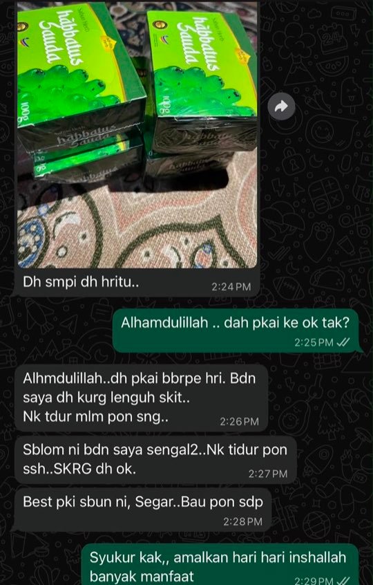 Screenshot WhatsApp pelanggan tentang Sabun Herba Habbatus Sauda
