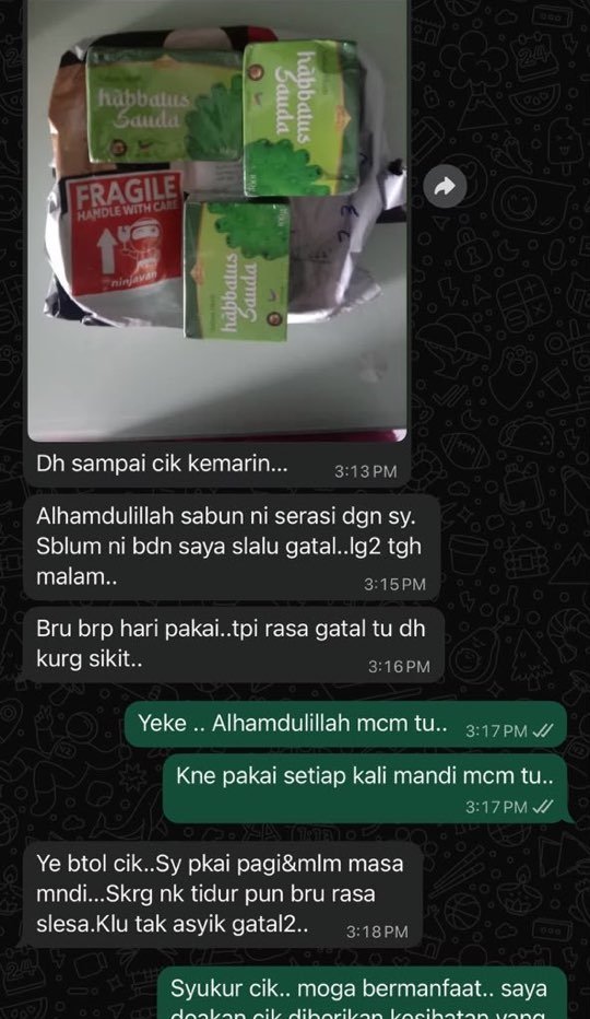 Screenshot WhatsApp pelanggan tentang Sabun Herba Habbatus Sauda