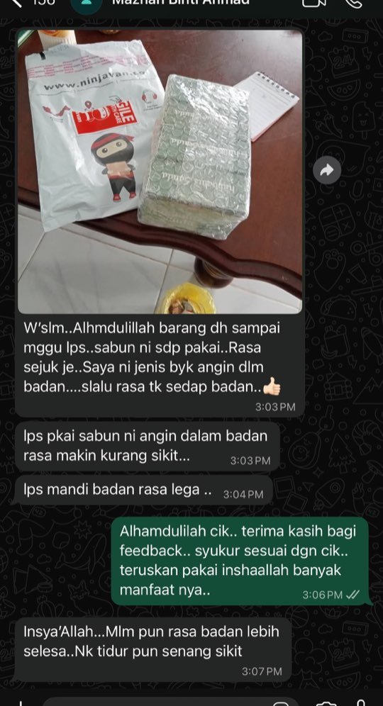 Screenshot WhatsApp pelanggan tentang Sabun Herba Habbatus Sauda